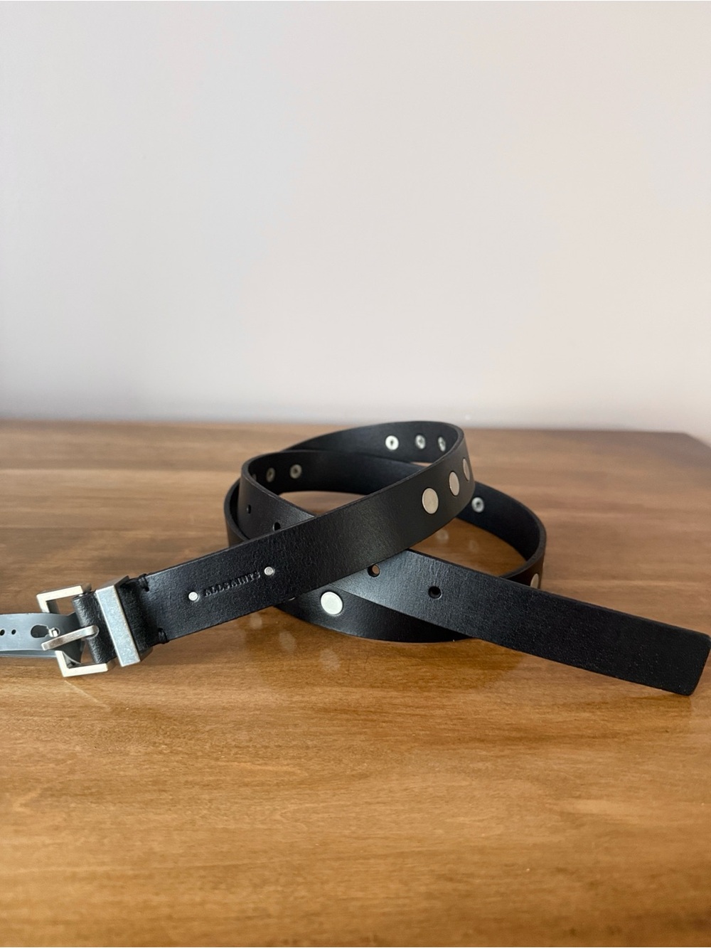 AllSaints Black Leather Studded Belt with Silver Buckle